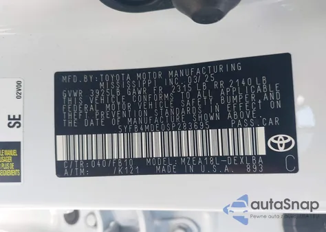 2025 Toyota Corolla Le from USA, damaged, VIN 5YFB4MDE0SP283695